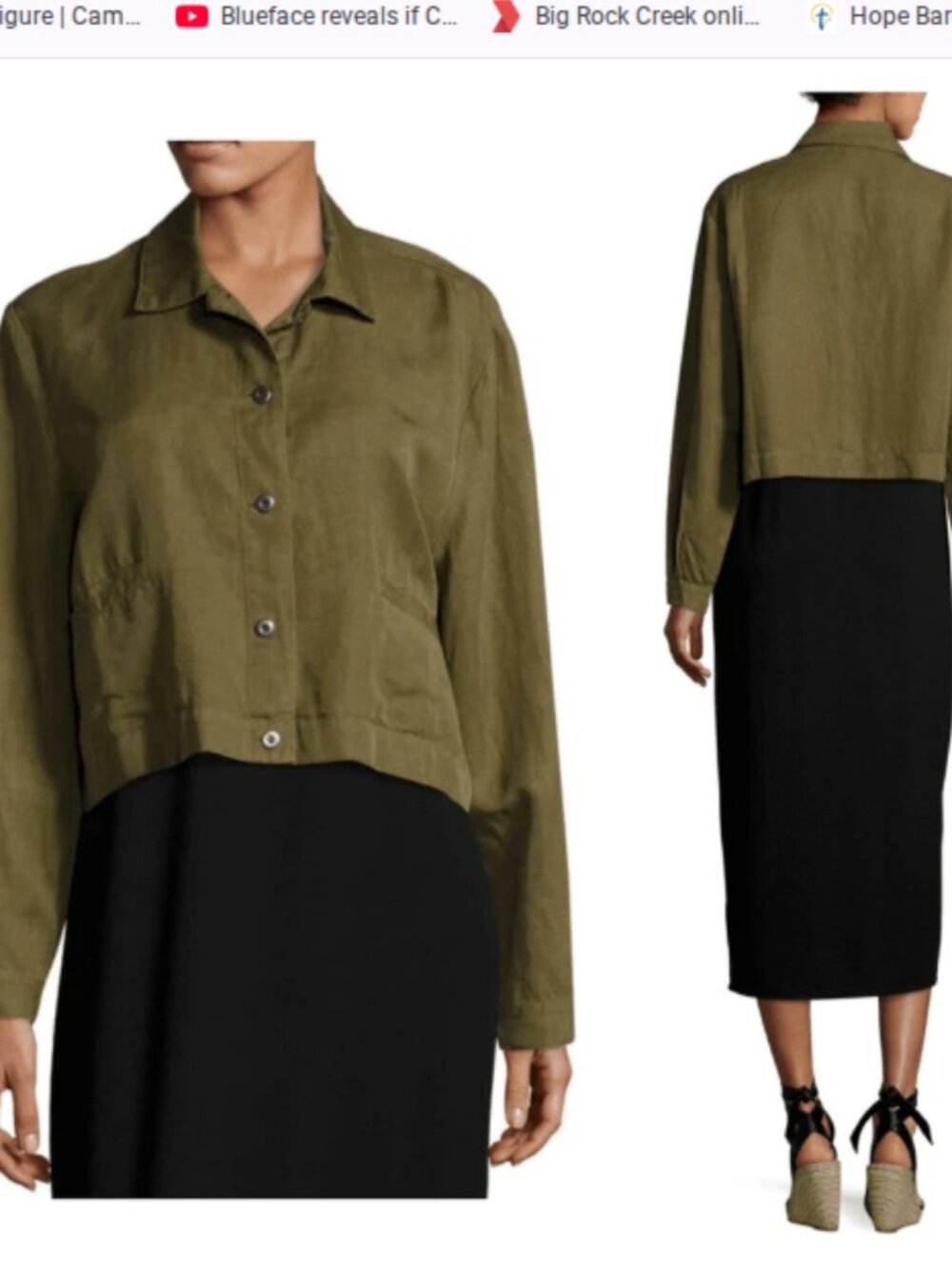 Eileen Fisher Olive Green Linen Tencel Lightweight Cropped Jacket Minimalist Sm